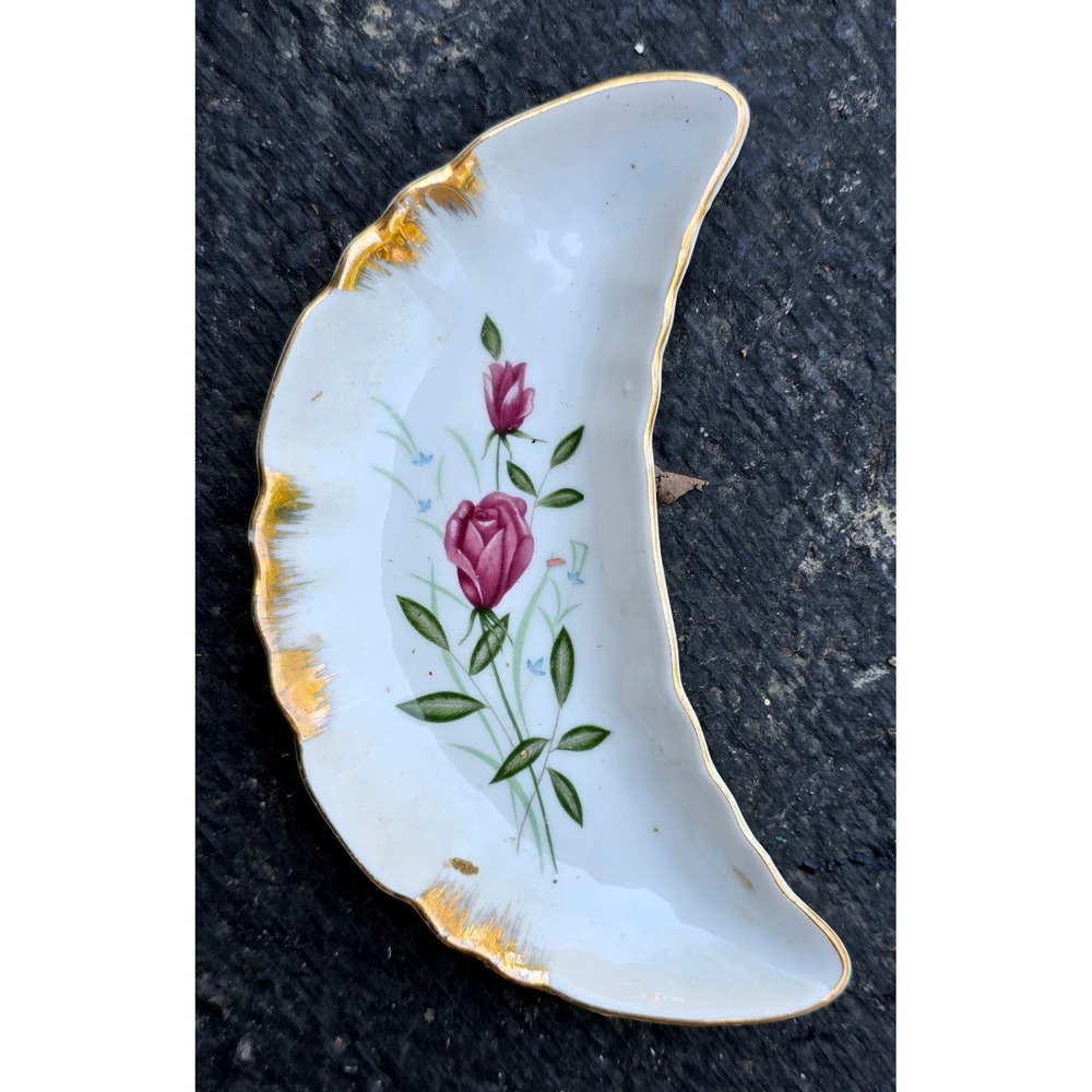 Vintage Crescent Bone Dish Pink Rose Gold Gilt Scalloped Edge Mid-Century Japan